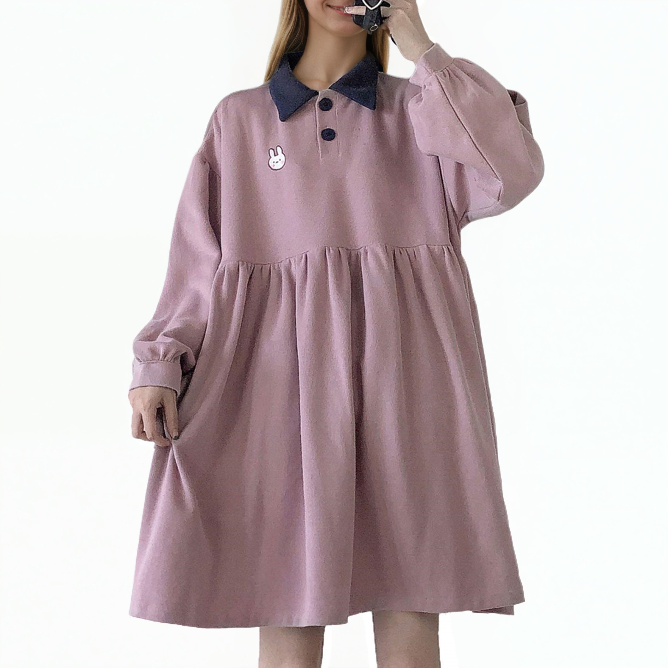 Oversized Cute Pink Dress with Bunny Patch and Denim Collar – Long Sleeve Kawaii Style