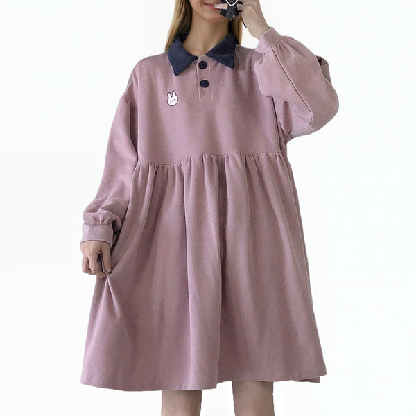 Oversized Cute Pink Dress with Bunny Patch and Denim Collar – Long Sleeve Kawaii Style