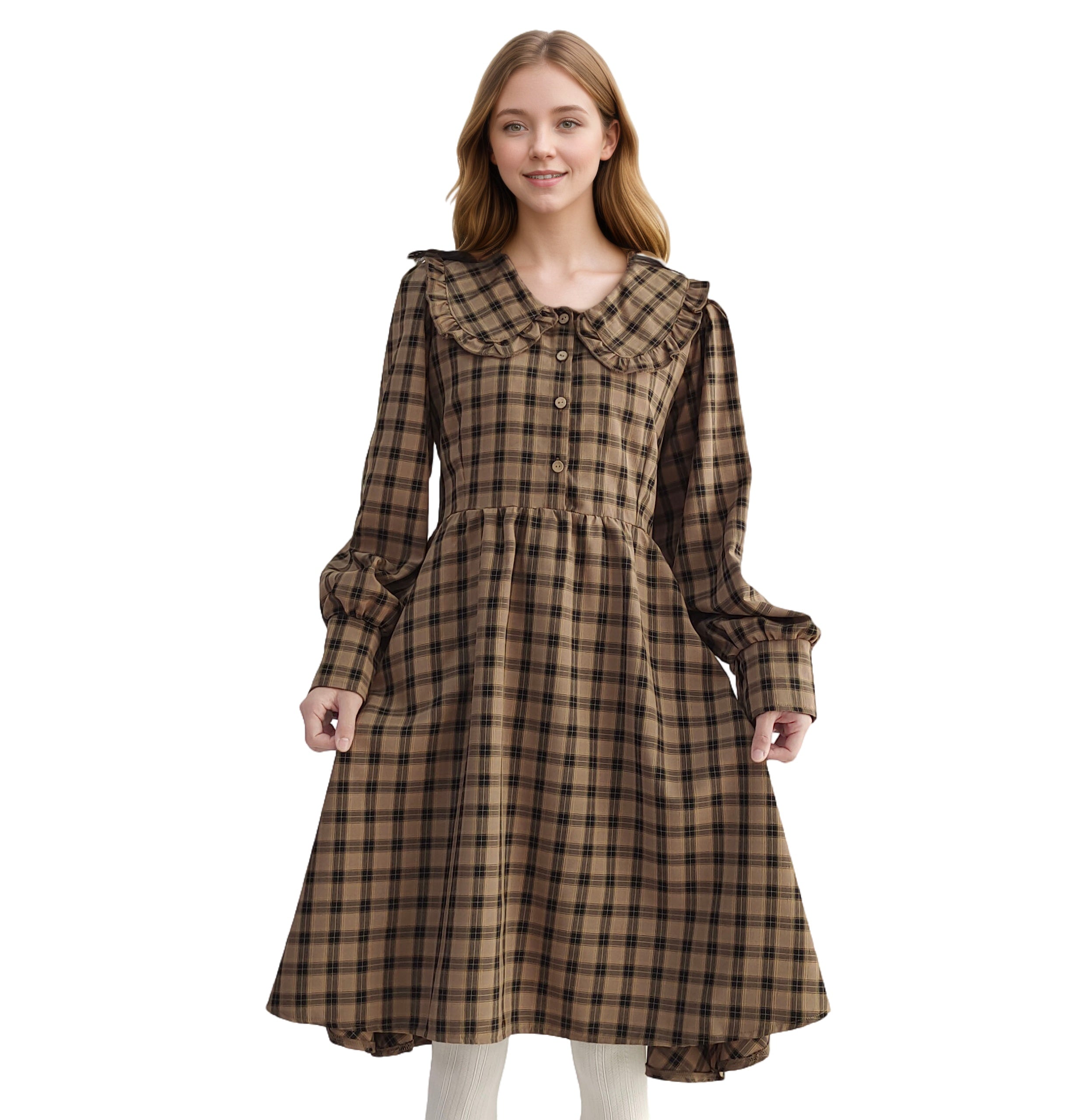Brown plaid long sleeve midi dress with Peter Pan collar, waist tie back and ruffle trim detail ruffle collar long dress