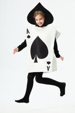 Back view of the black Ace of Spades card costume with headpiece, worn by a child.