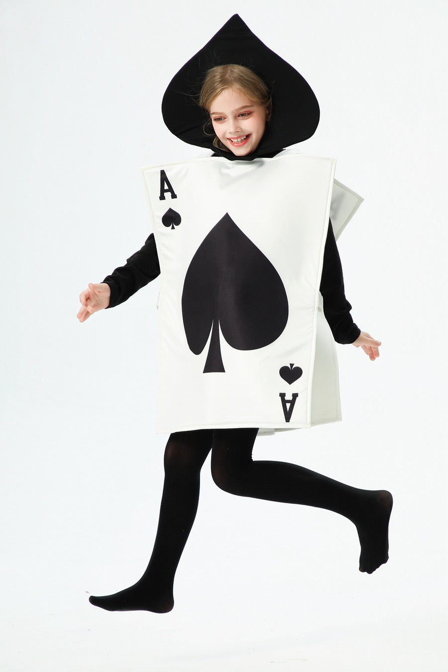 Back view of the black Ace of Spades card costume with headpiece, worn by a child.