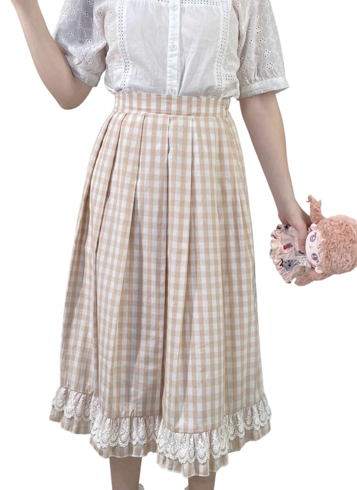 Beige khaki plaid A-line pleated skirt with lace hem kawaii outfit