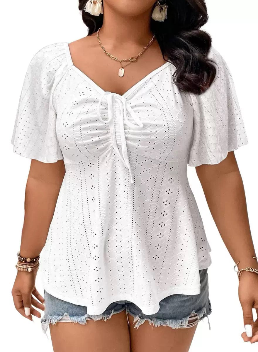 flutter sleeve summer top lace cotton tee plus size casual cute tops for women drawstring puff sleeve shirt