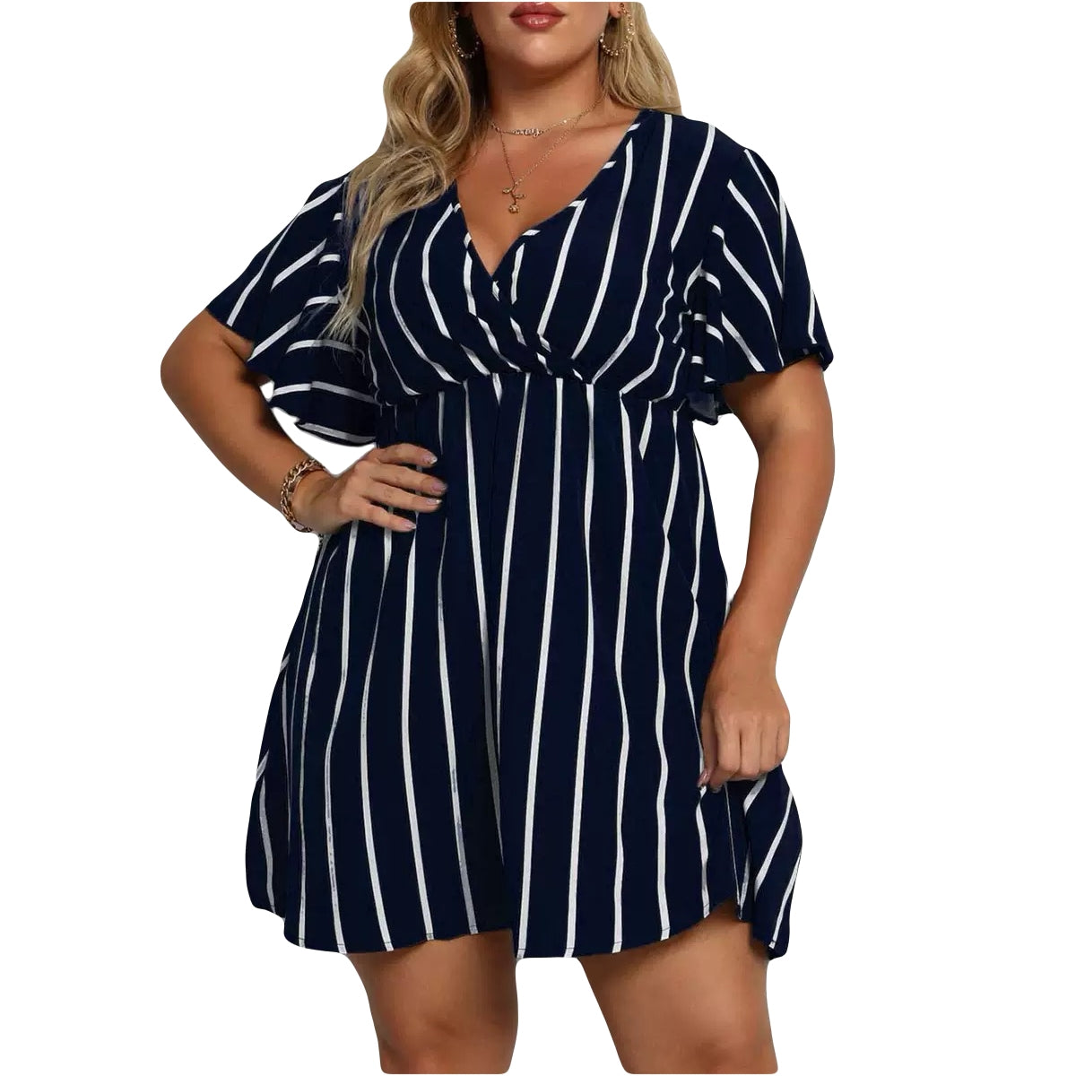 Plus Size Boho Striped V-Neck Dress for Women Short Sleeve Casual Loose Fit Waist Dress