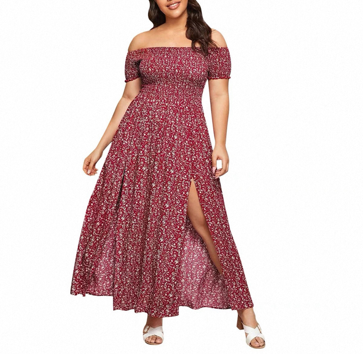 Plus size off shoulder boho maxi dress with floral print and front slit – summer loose fit ruffle sleeve dress for curvy women