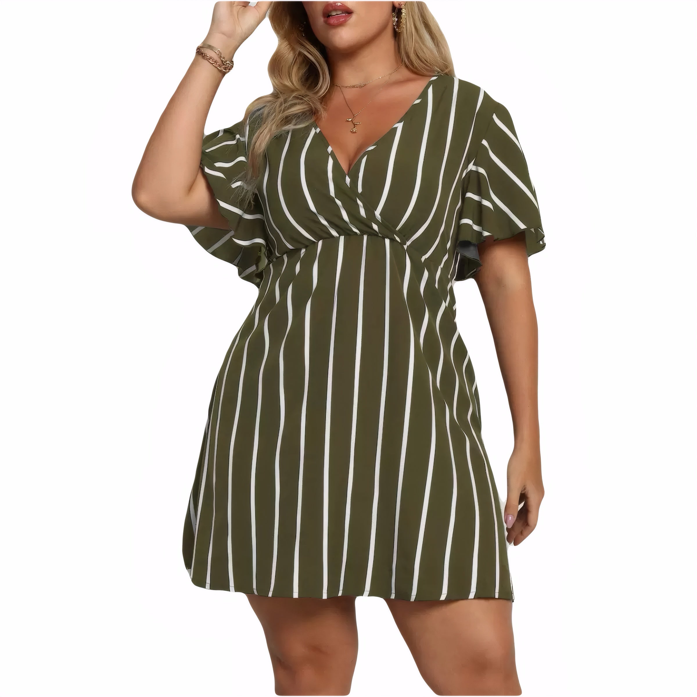 Plus size striped V-neck dress for women with short sleeves and waist-cinching fit – casual boho summer style
