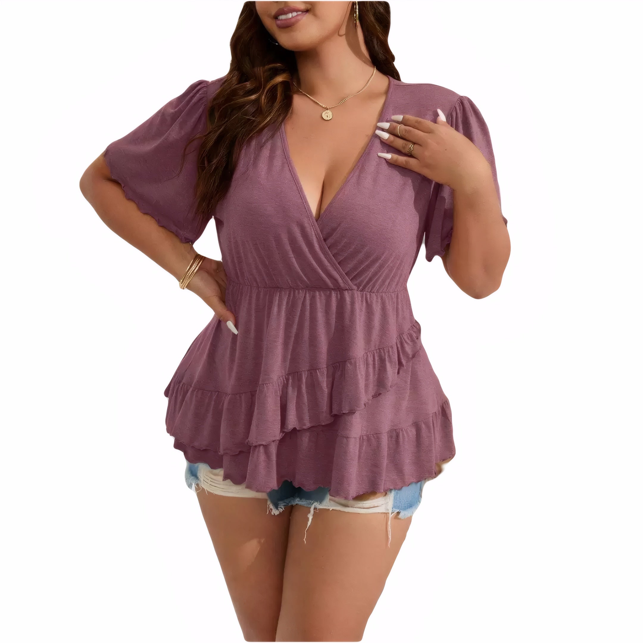 Plus size short sleeve V neck cotton T-shirt with ruffle hem – available in black, green, pink, and blue.