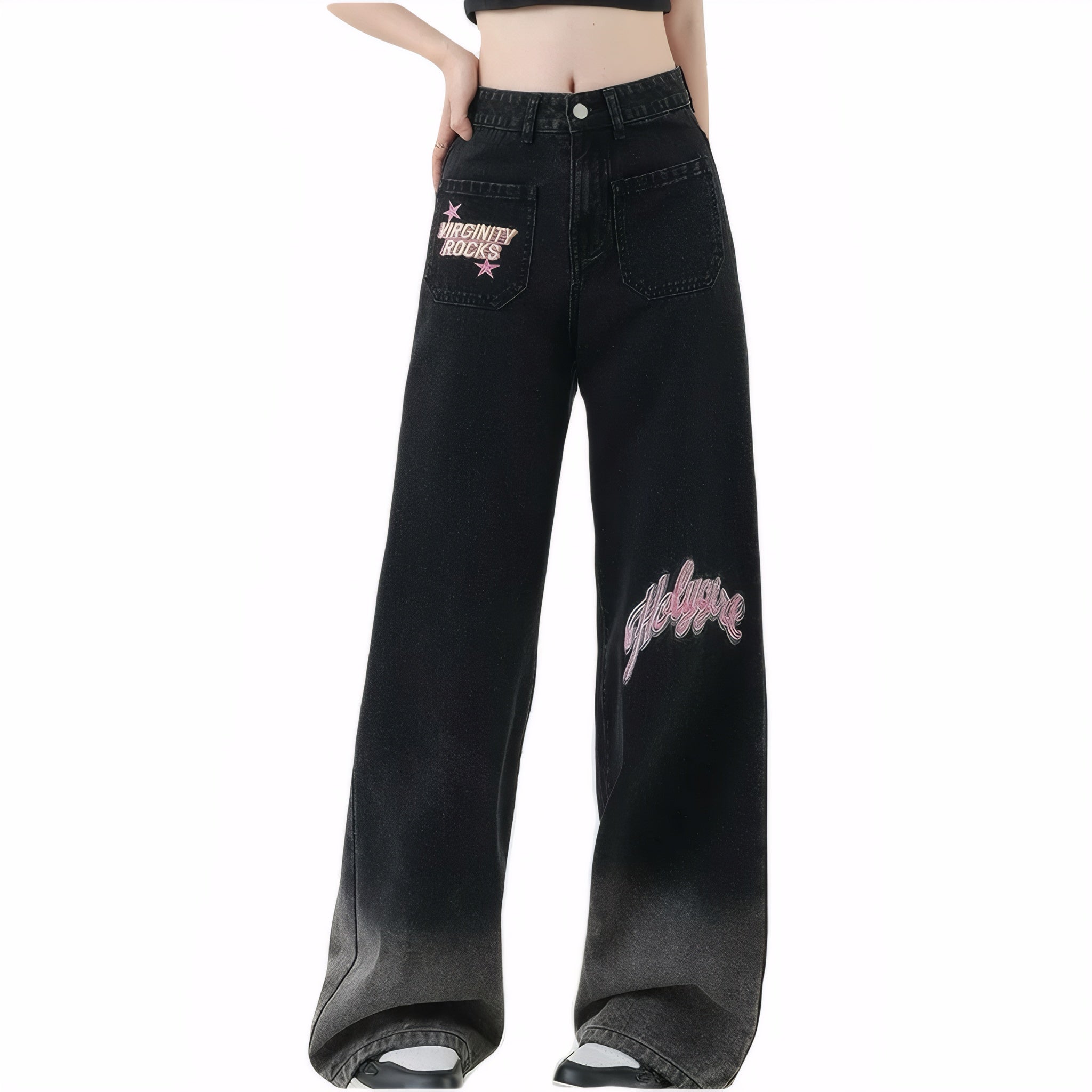 Vintage plus size black wide-leg jeans for women with gradient fade hem and pink letter embroidery, high waist, relaxed streetwear fit