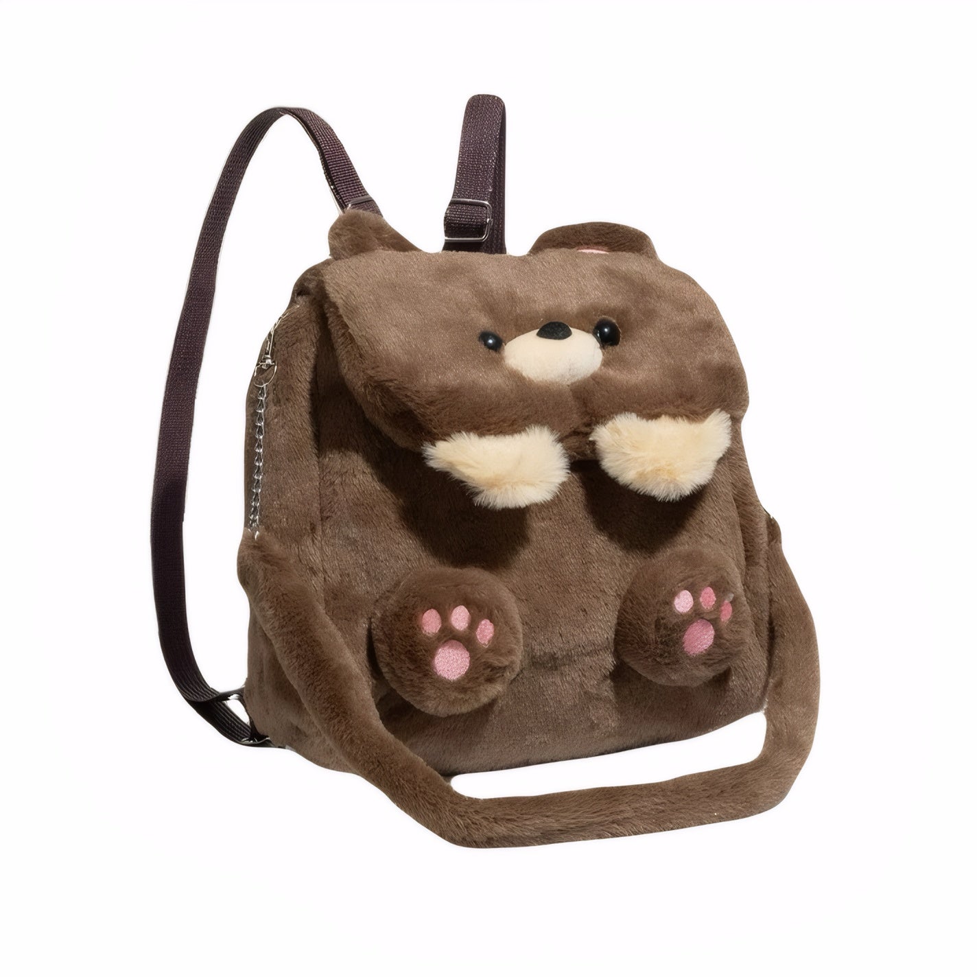 Cute plush bear-shaped fuzzy backpack with ears and paw details, brown color, perfect for winter outfits