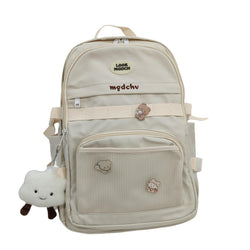 Beige kawaii backpack with cute bear pins, plush cloud charm, and multiple pockets, size 15x11.5x5 inches