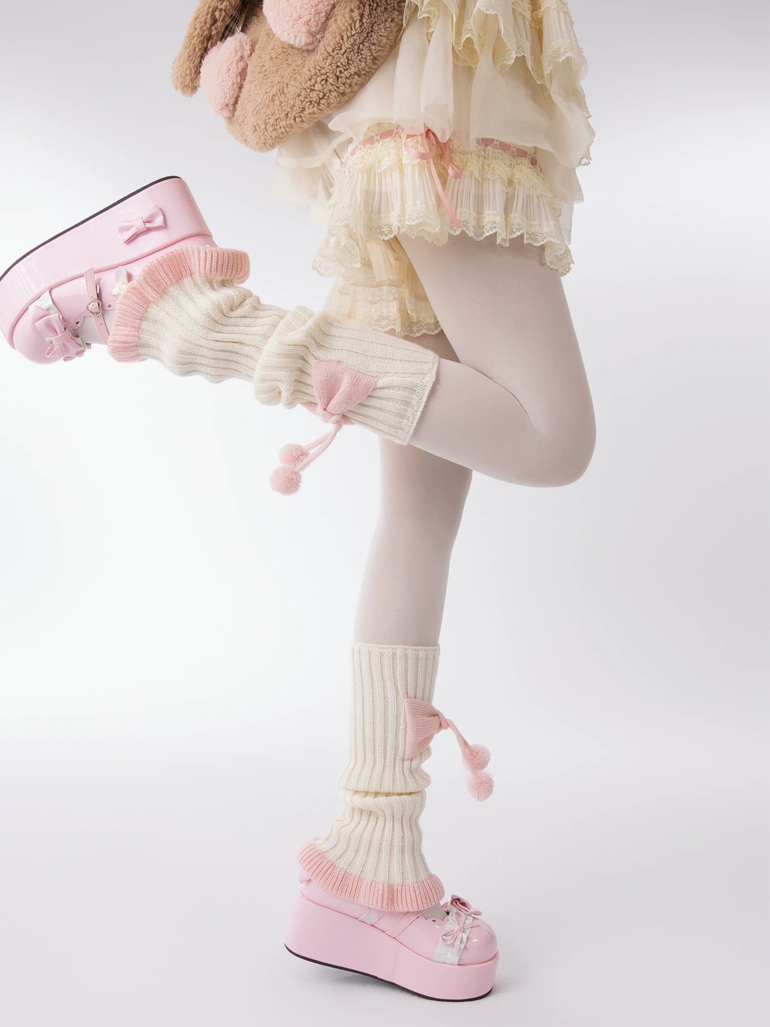 Sweet Lolita Knit Leg Warmers with Bow Pom-Pom Slouch Socks for Girls JK Outfits