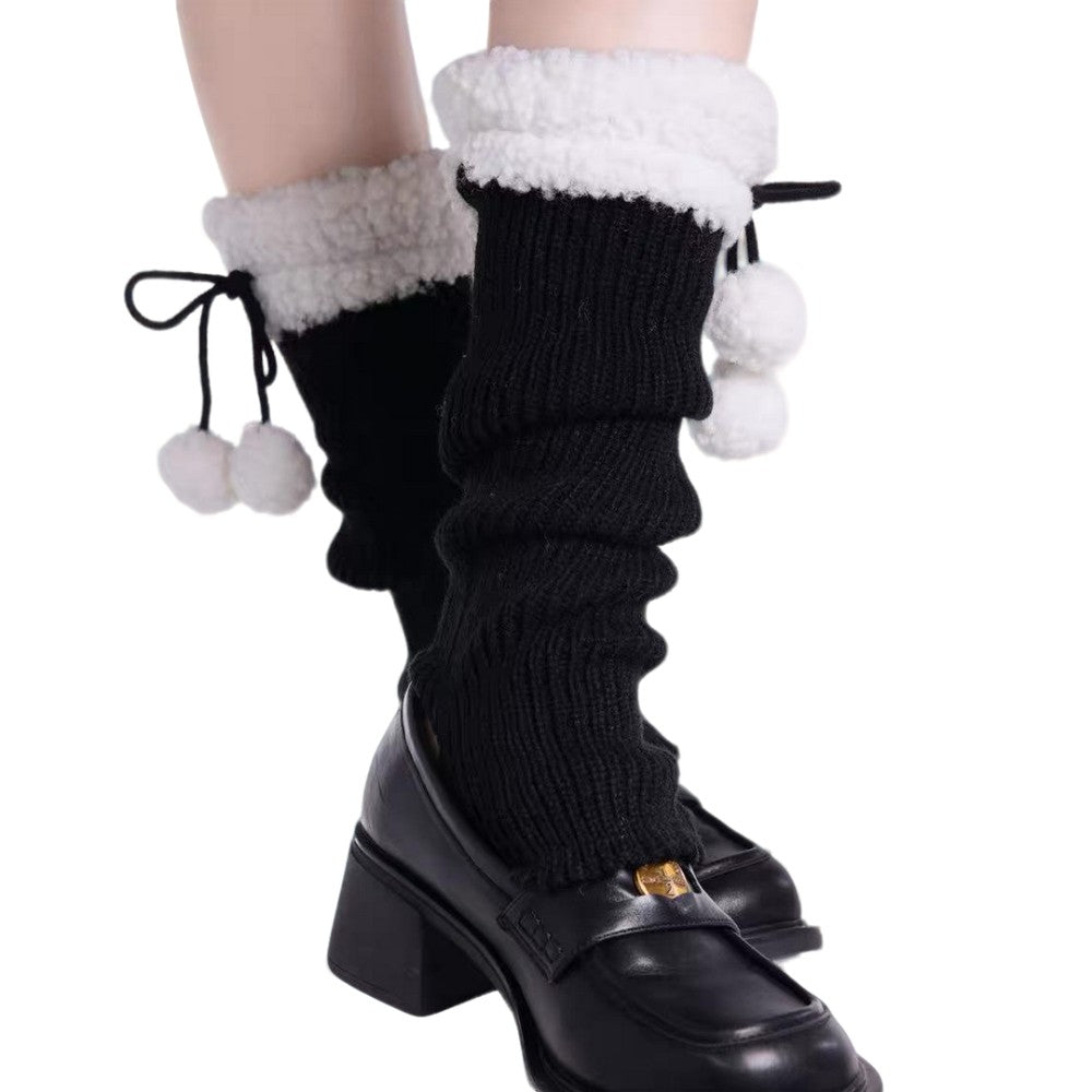 Black Y2K sherpa knit leg warmers with pom-poms