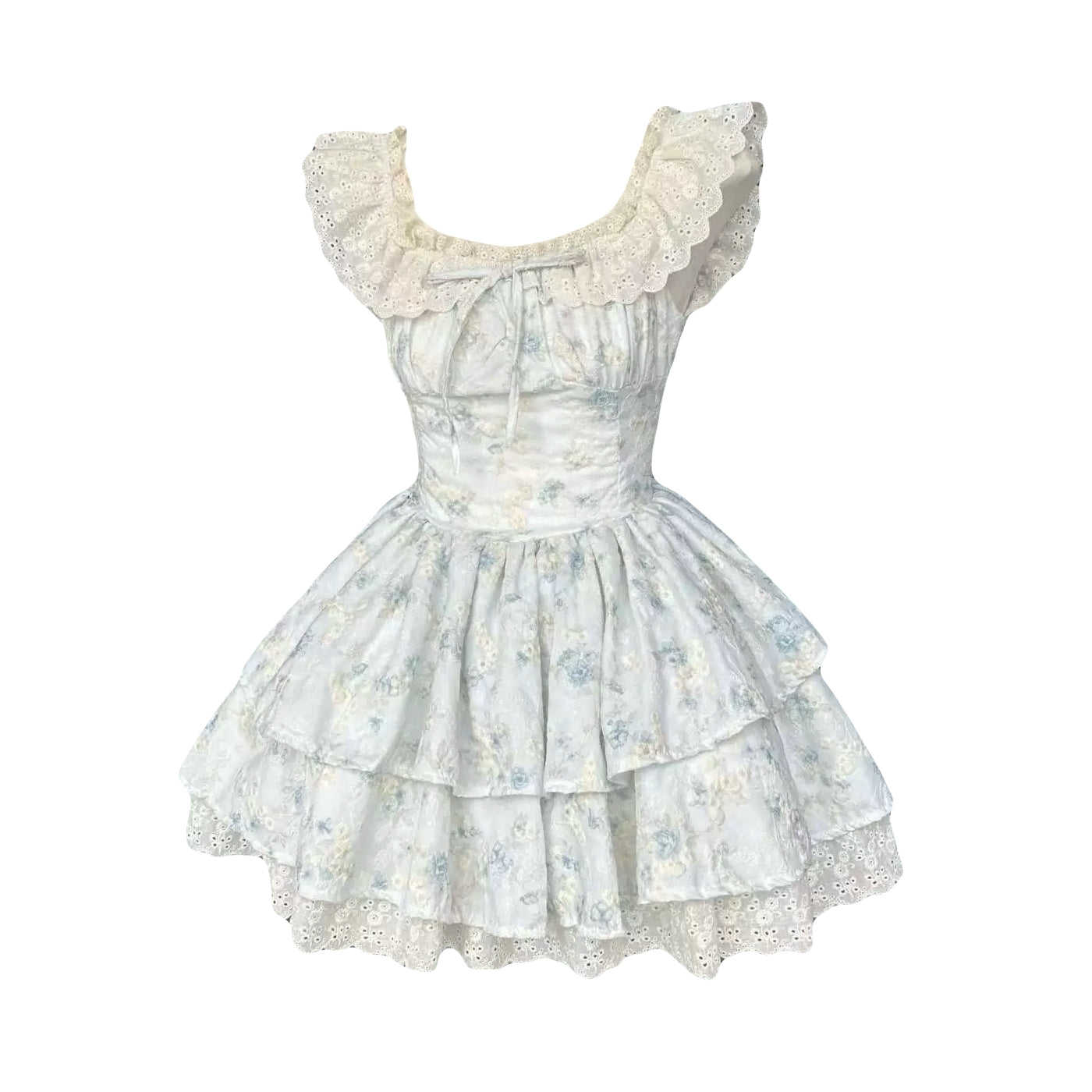 Blue floral embroidered ruffle princess dress with puff sleeves and tiered skirt