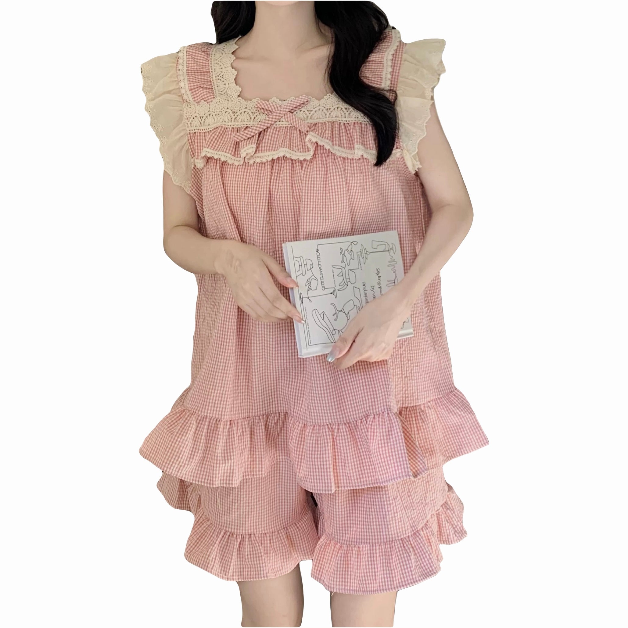 Sweet Korean Style Ruffled Gingham Pajama Set Lace Princess Sleeveless Summer Sleepwear