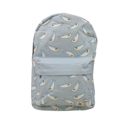Blue and black kawaii fish print canvas backpacks, lightweight school and travel bags, size 15.7x11x5 inches