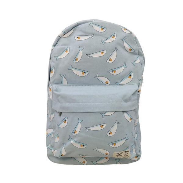 Blue and black kawaii fish print canvas backpacks, lightweight school and travel bags, size 15.7x11x5 inches