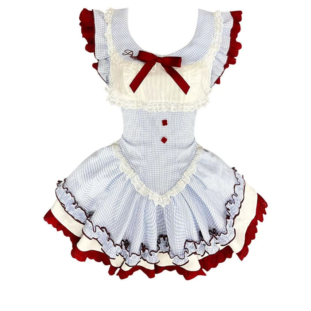 blue gingham princess dress holding a bunny plush babydoll lolita dress puff skirt cosplay, cherry girl dress