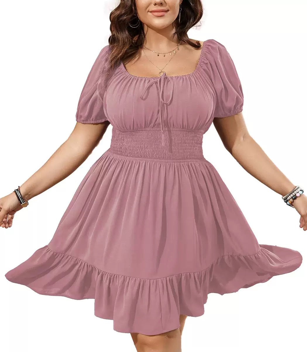Pink Ruffle Hem A-Line Dress for Curvy Women smocked waist cute summer dress square neck