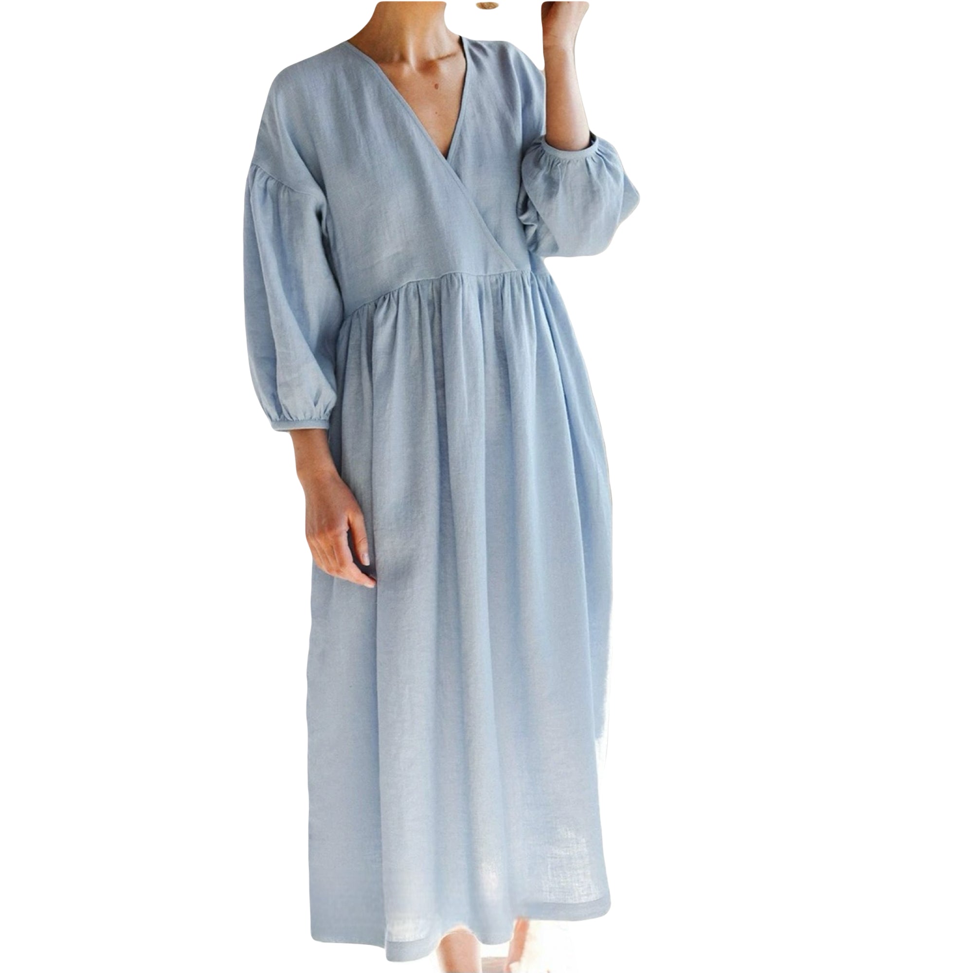 Women 100% linen wrap midi dress with puff sleeves, V-neck and gathered waist design, available in orange and light blue colors.