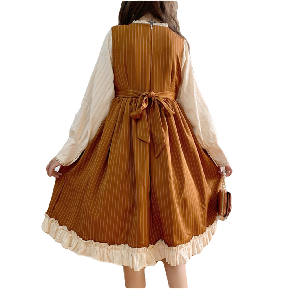 brown kawaii midi dress, ruffle lace trim outfit, long sleeve cosplay dress