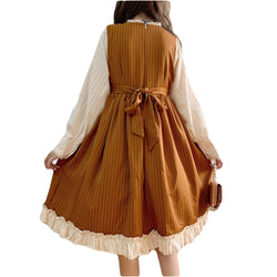 brown kawaii midi dress, ruffle lace trim outfit, long sleeve cosplay dress