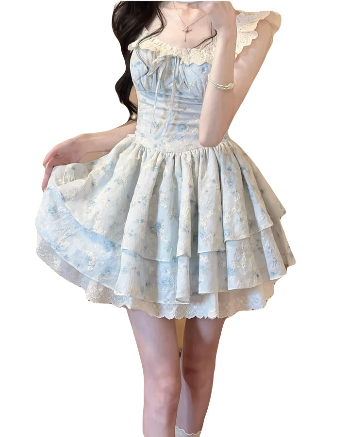 shirred back A-line sweet vintage-inspired dress,frill square neckline dress