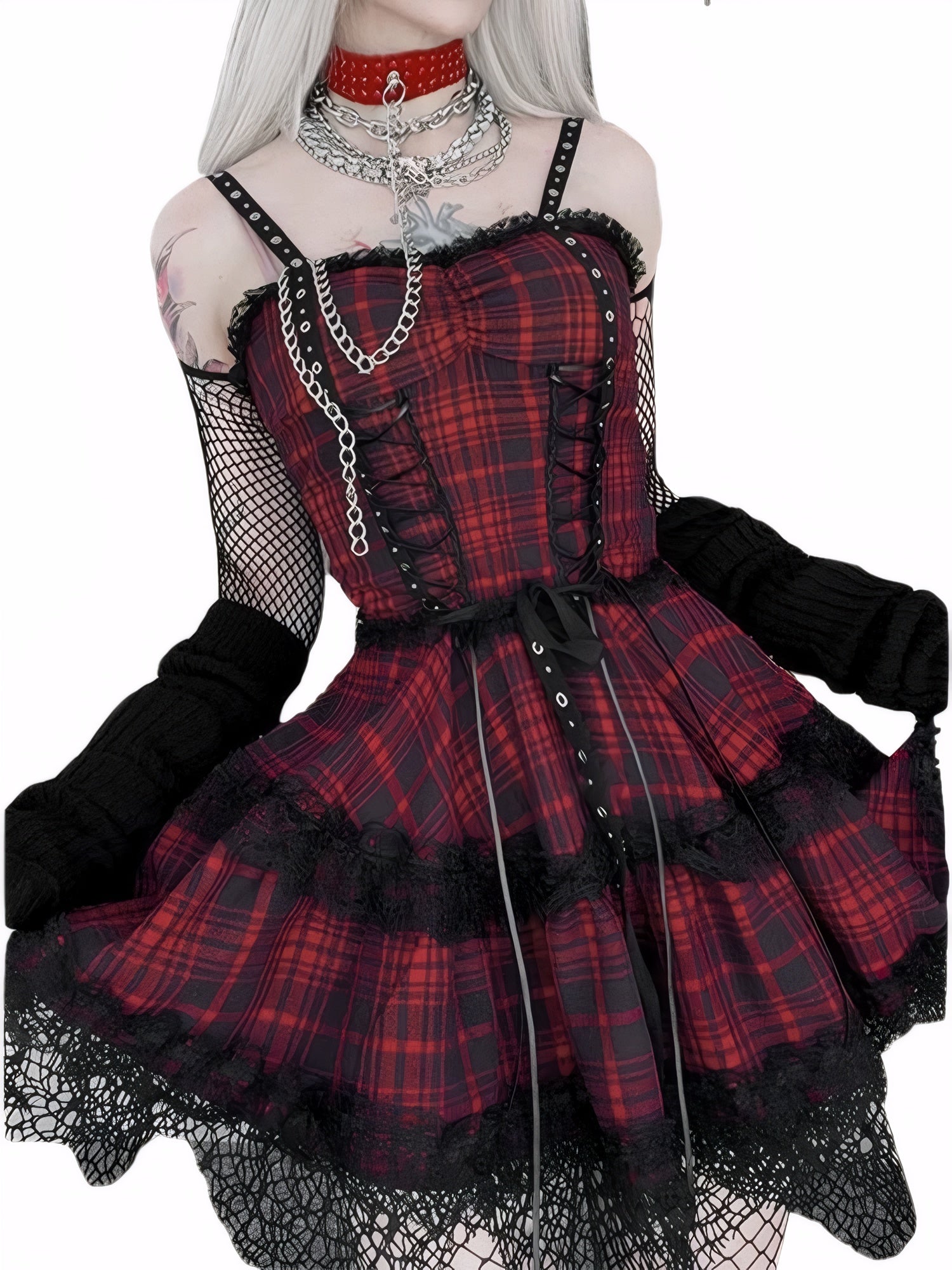 Close-up of corset-style lace-up front on plaid bustier