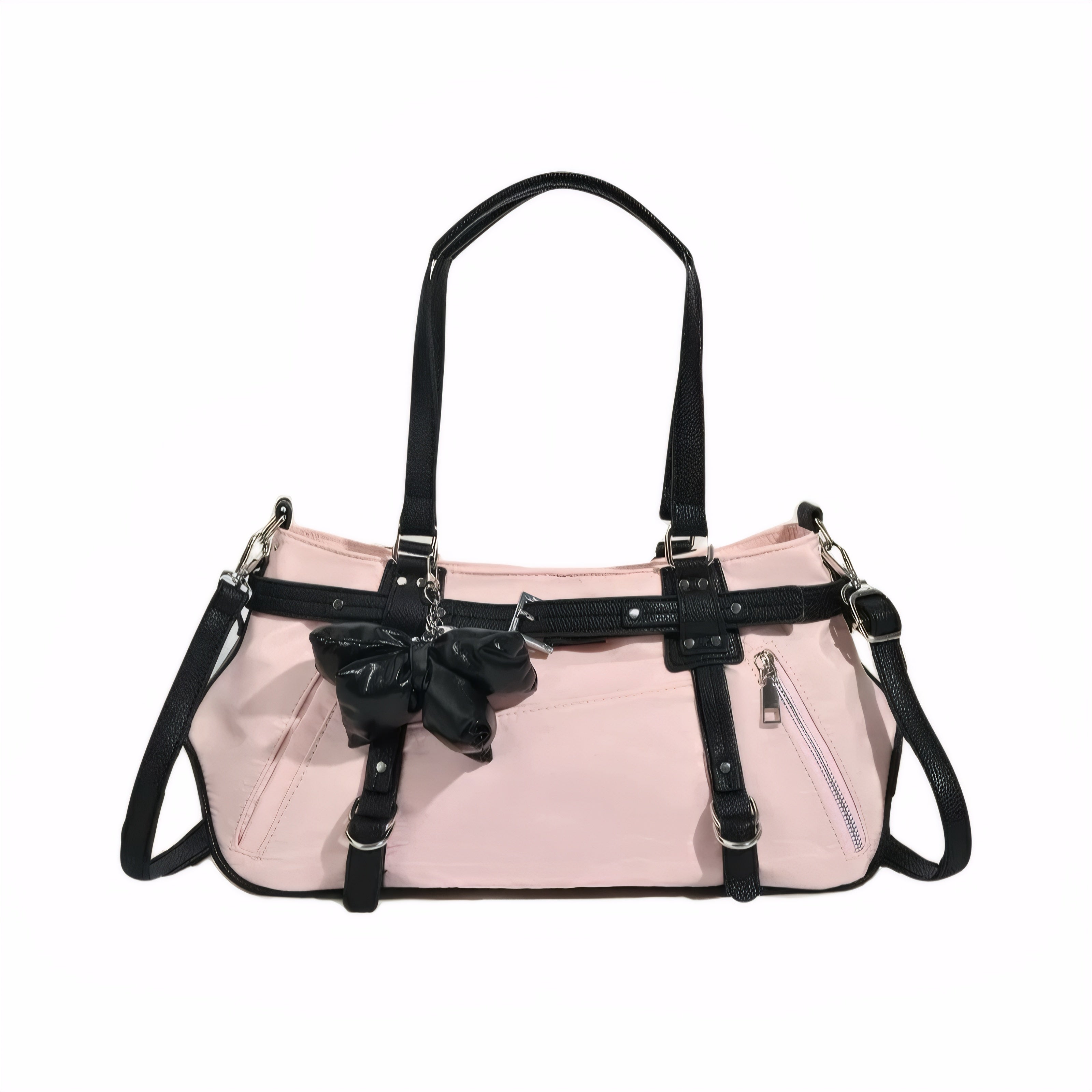 Pink and Black Bow Strap Gym Bag for Women with Zipper and PU Belt Detail