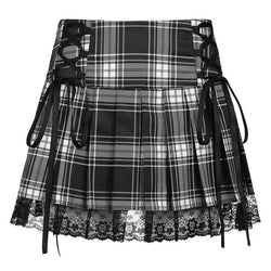 Harajuku Gothic Lace Trim Plaid Pleated Skirt with Side Lace-Up High Waist Punk JK Mini Skirt