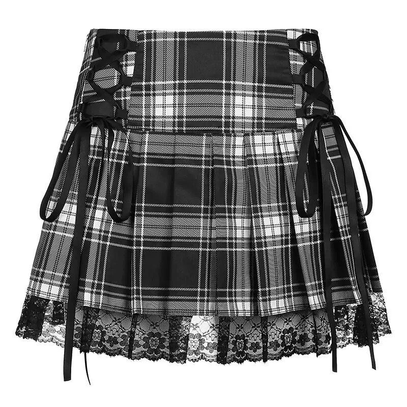 Harajuku Gothic Lace Trim Plaid Pleated Skirt with Side Lace-Up High Waist Punk JK Mini Skirt