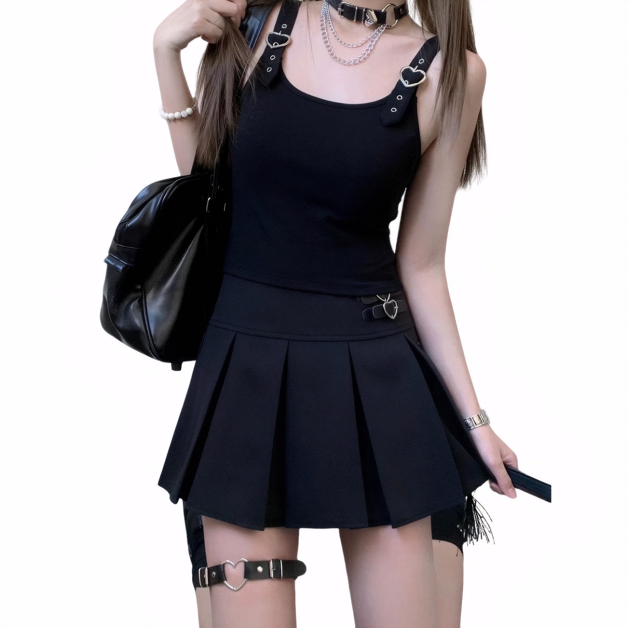 Black fitted sleeveless cami with adjustable heart strap buckles