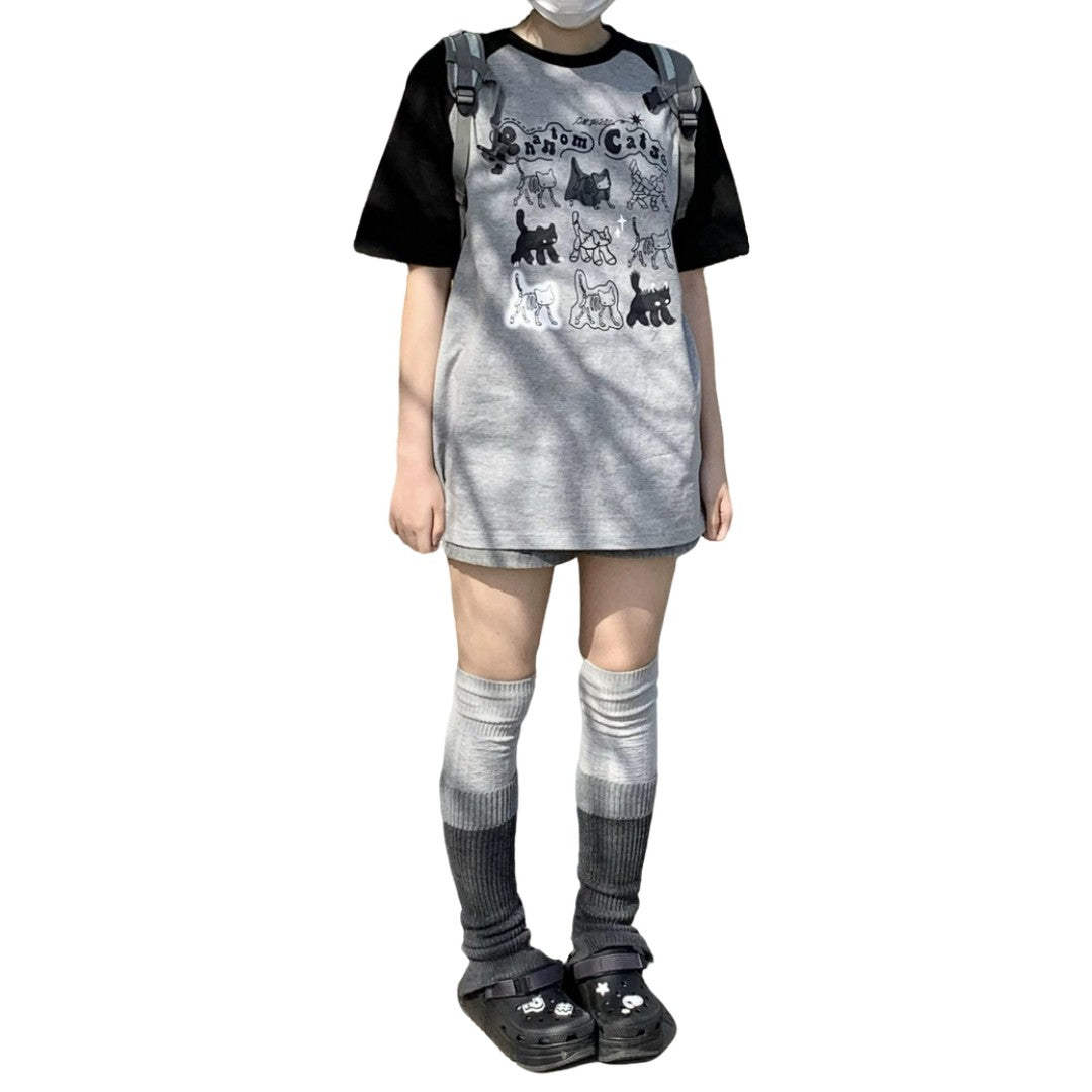 Gothic Cat Print Summer Cotton T-Shirt for Teens Raglan Sleeve Dark Gray Tee Animal Printing