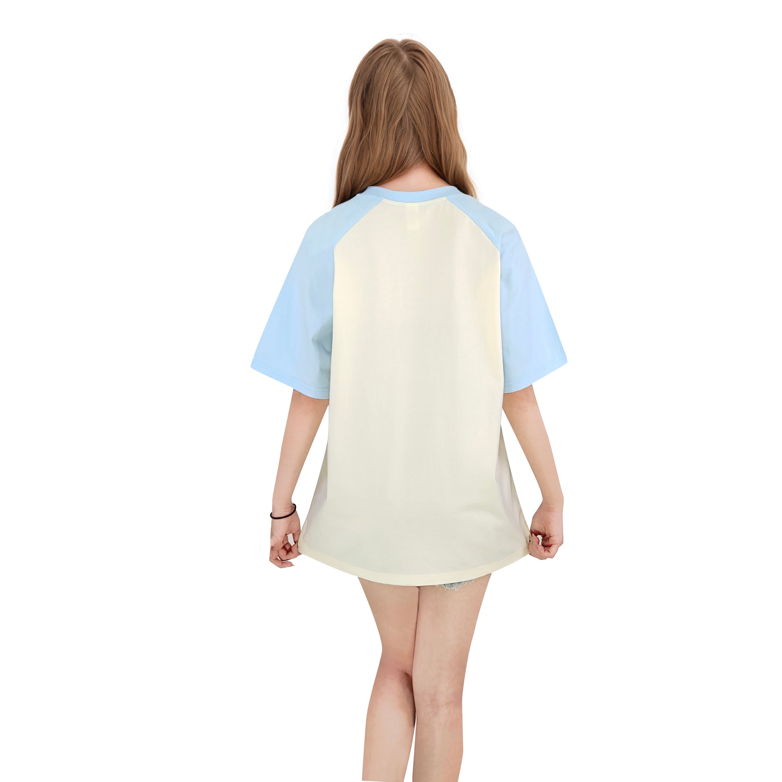 Pink Anime Girl Graphic Tee Blue Sleeve Cotton Oversized T-Shirt Boputeng Japanese Streetwear