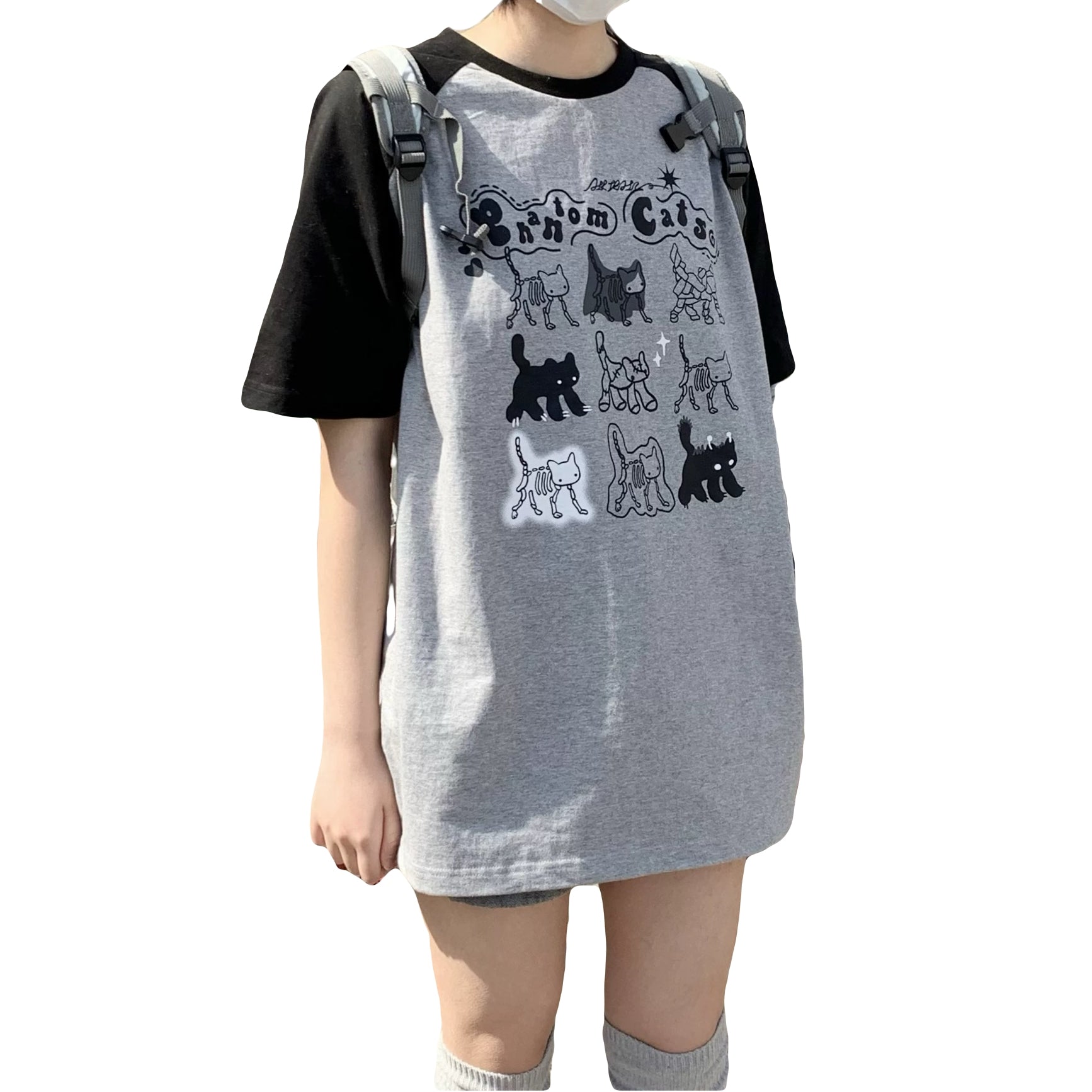 Short sleeve oversized top with random cartoon cats print
