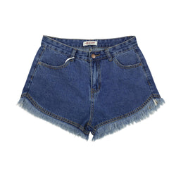 Blue high waist denim shorts with frayed hem