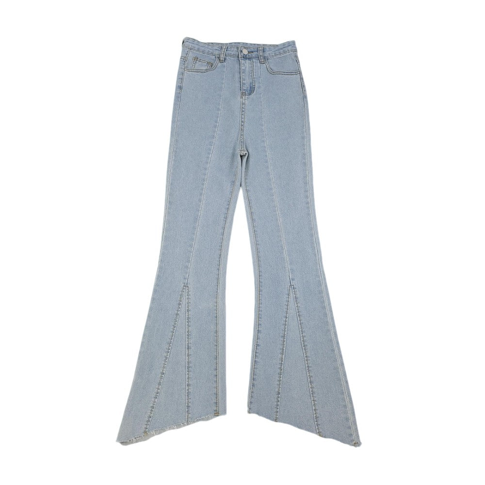 Light blue high waist flared denim jeans with raw hem