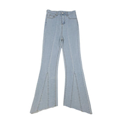 Light blue high waist flared denim jeans with raw hem