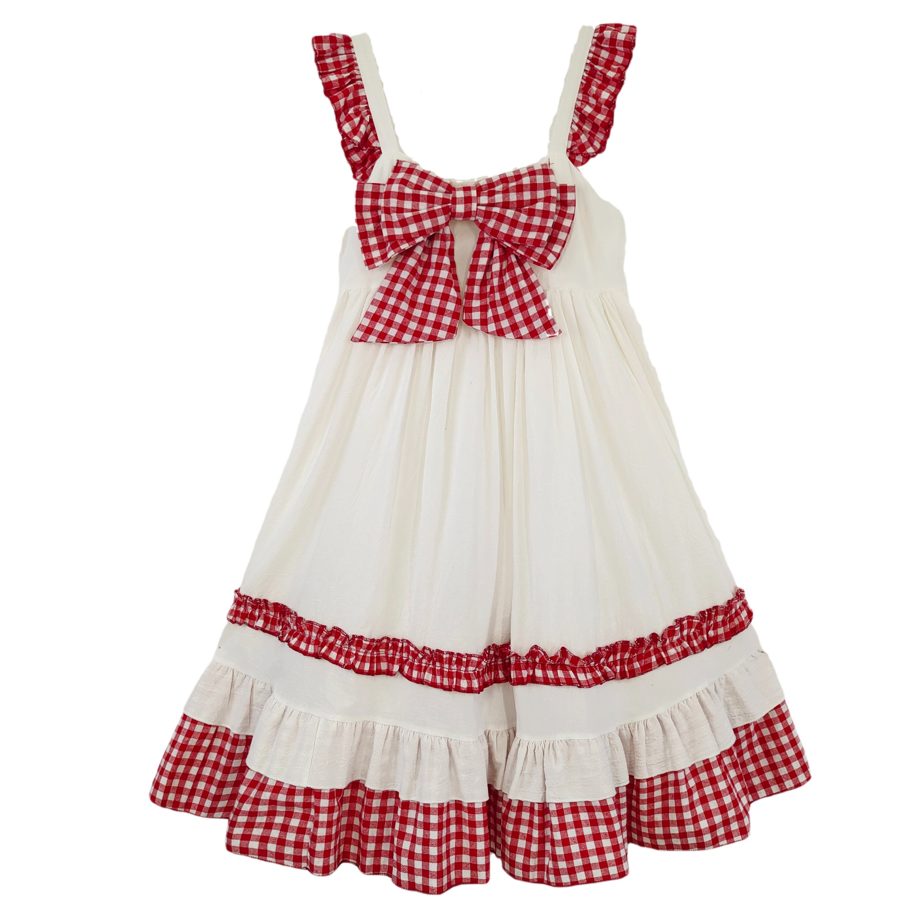White ruffle sundress with large red gingham bow and frill straps, Lolita style.