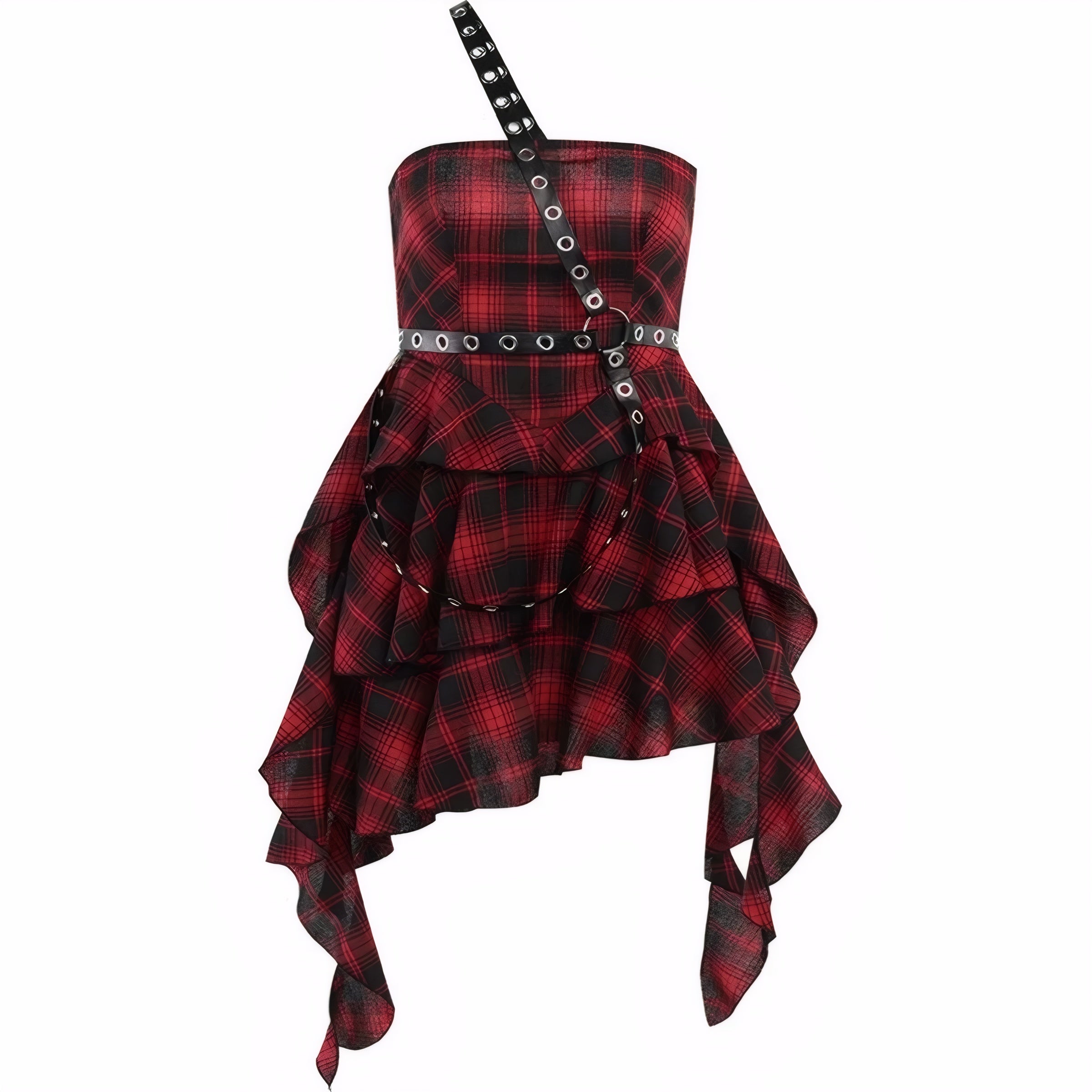 Red plaid gothic strapless dress with faux leather belt and harness, asymmetric punk girl skirt design