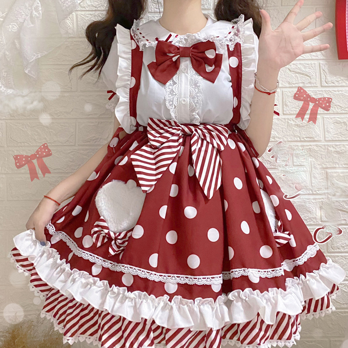 Cute Lolita-style polka dot skirt with heart pockets, striped bow, and layered ruffles – pink, blue, red, black options
