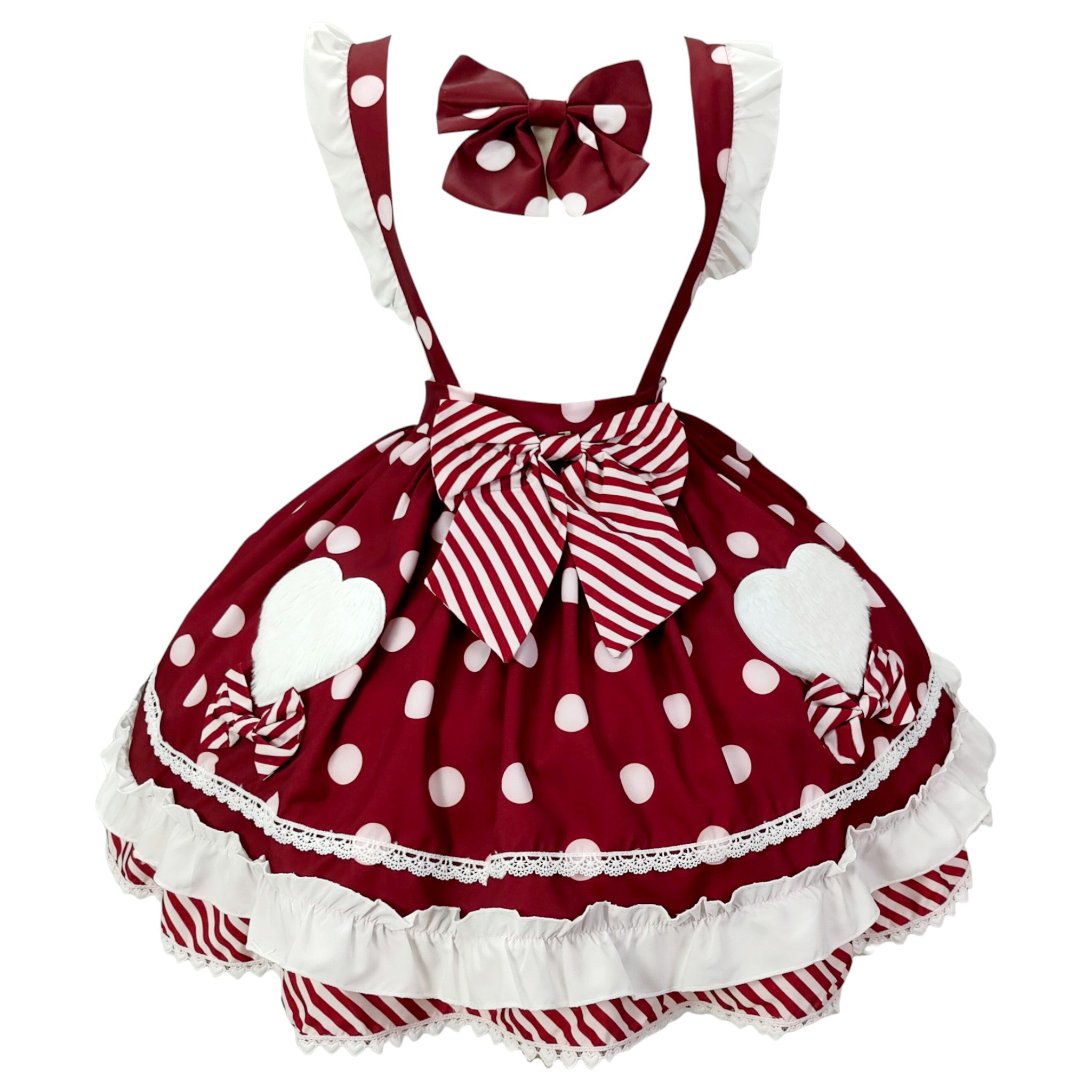 Sweet Polka Dot Lolita Skirt with Heart Pockets and Neck Bow Kawaii A-Line Ruffle Mini Skirt for Girls