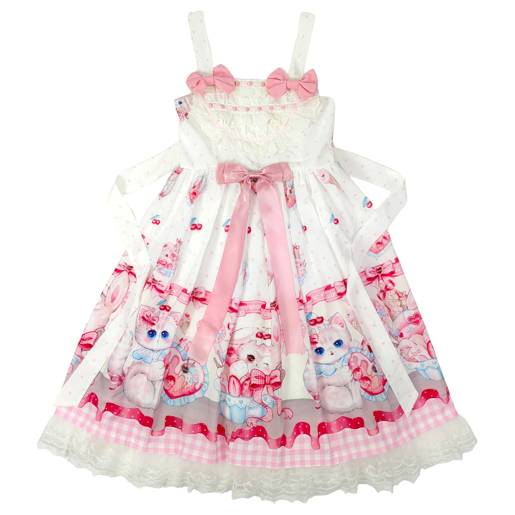Kawaii Pink Kitty Print Lolita Dress with Lace Hem and Bow Sweet Short Sleeve JSK