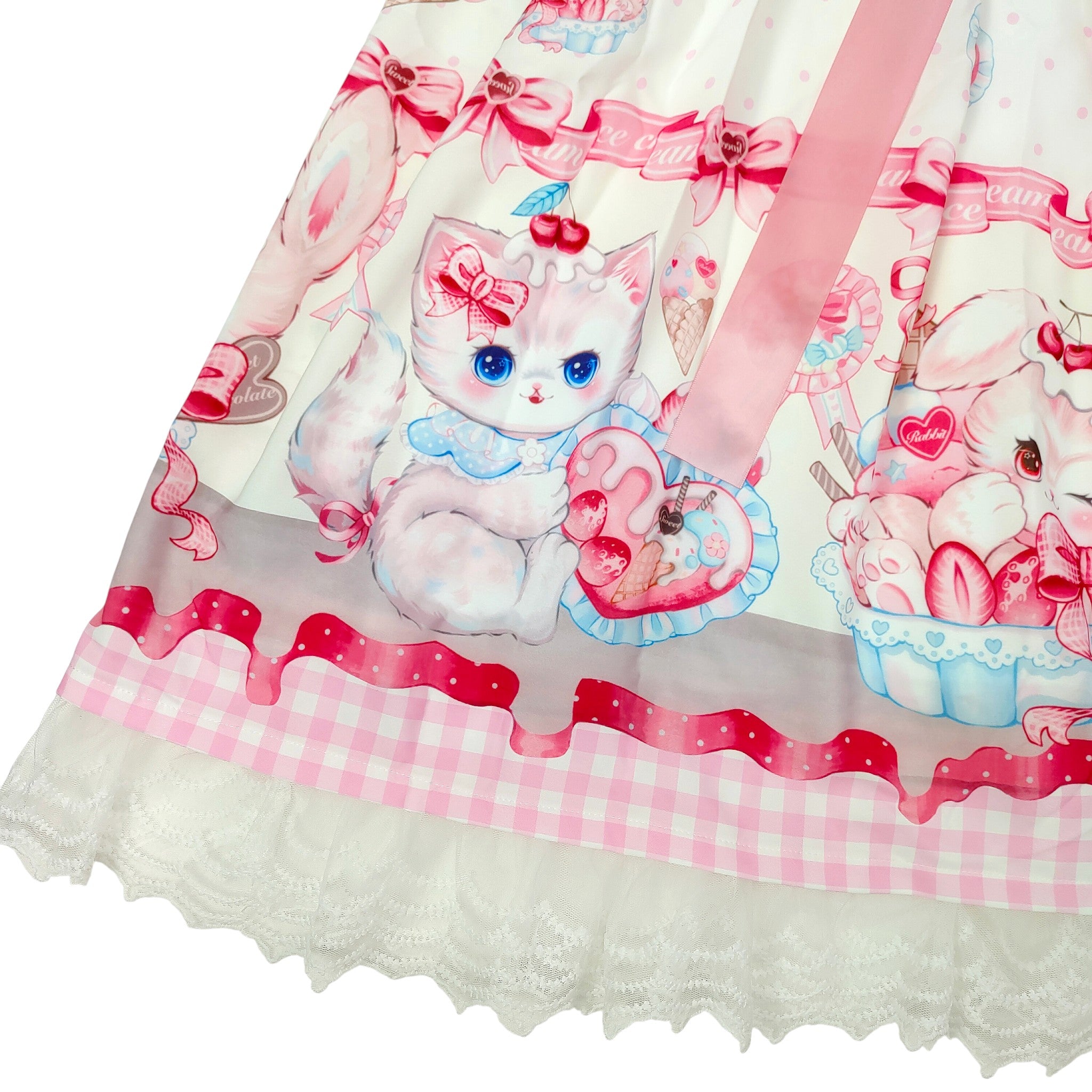 Kawaii Pink Kitty Print Lolita Dress with Lace Hem and Bow Sweet Short Sleeve JSK