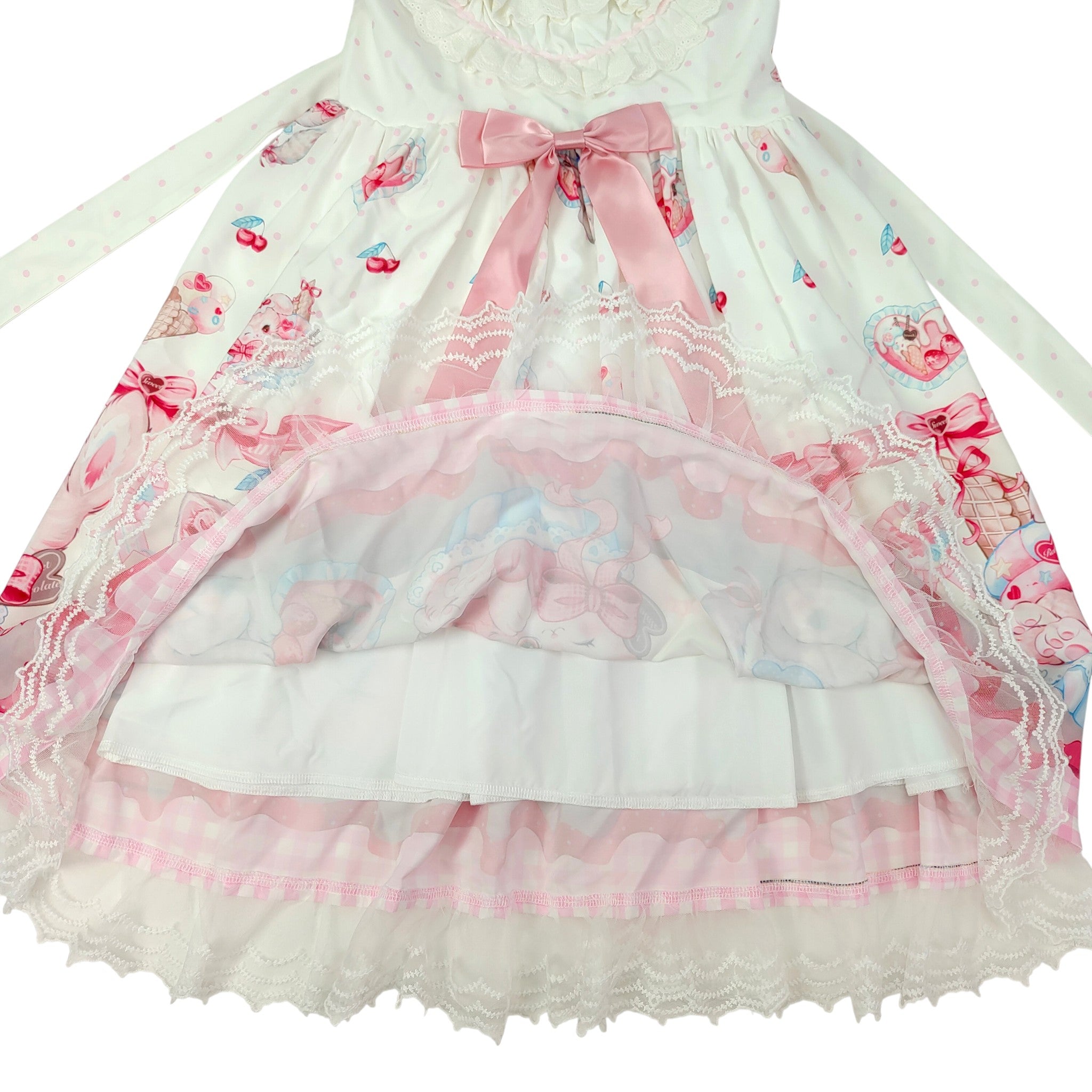 Kawaii Pink Kitty Print Lolita Dress with Lace Hem and Bow Sweet Short Sleeve JSK