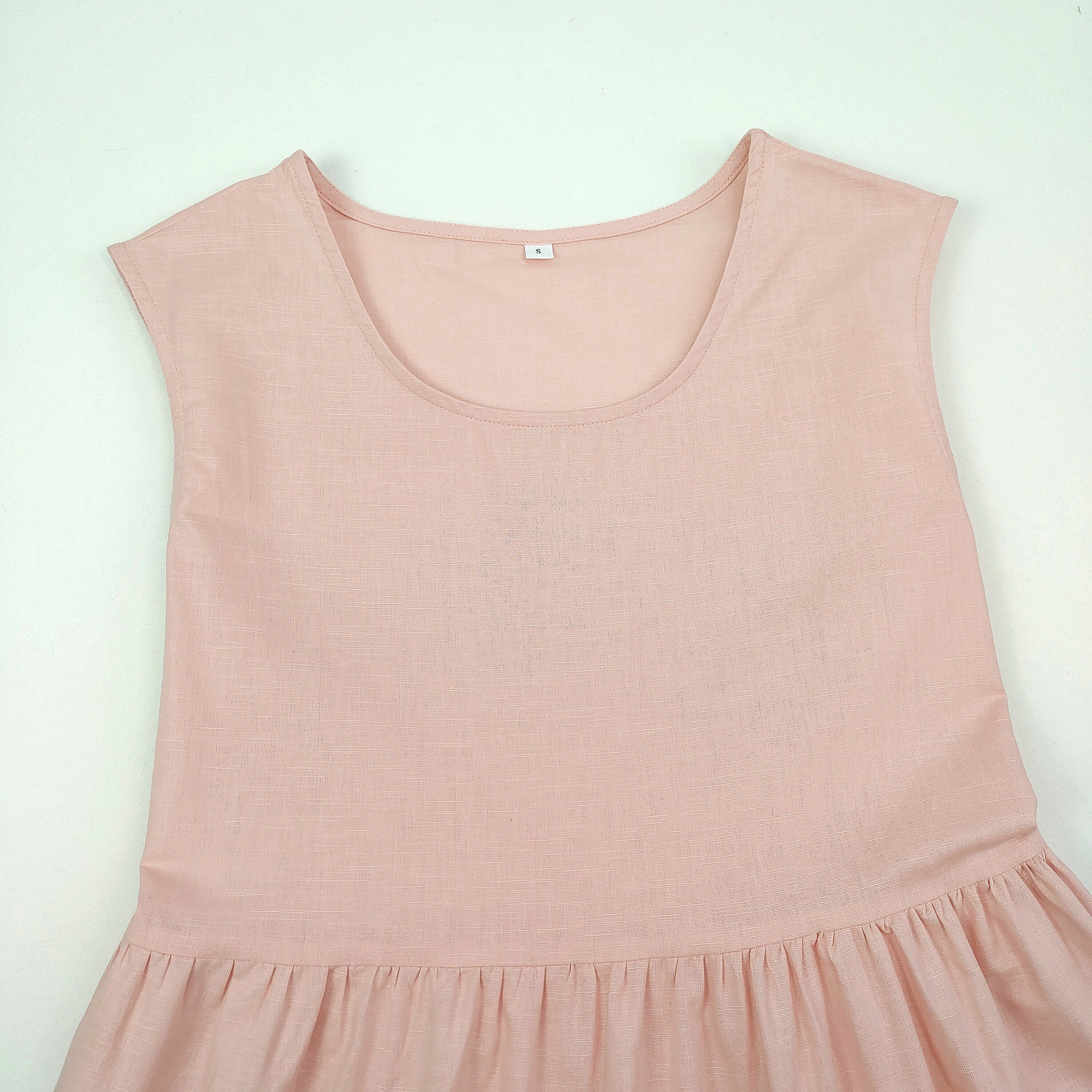 Women’s Summer Linen Sleeveless A-Line Dress Pink Casual Tiered Midi Sundress