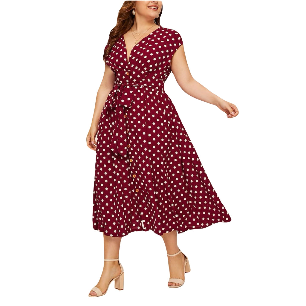 Plus size polka dot V-neck belted midi dress with front buttons – vintage-inspired summer dress for curvy women