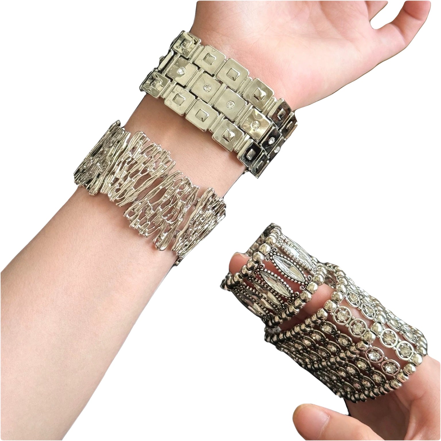 stretchy bracelet silver tone arm cuff women’s fashion accessories, A B C D bracelet styles crystal bangle