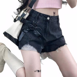 Chic Bow Tie High Waist Denim Shorts Women's Lace-Up Heart Pocket Ripped Hot Pants Kawaii A-Line Summer Jean Shorts