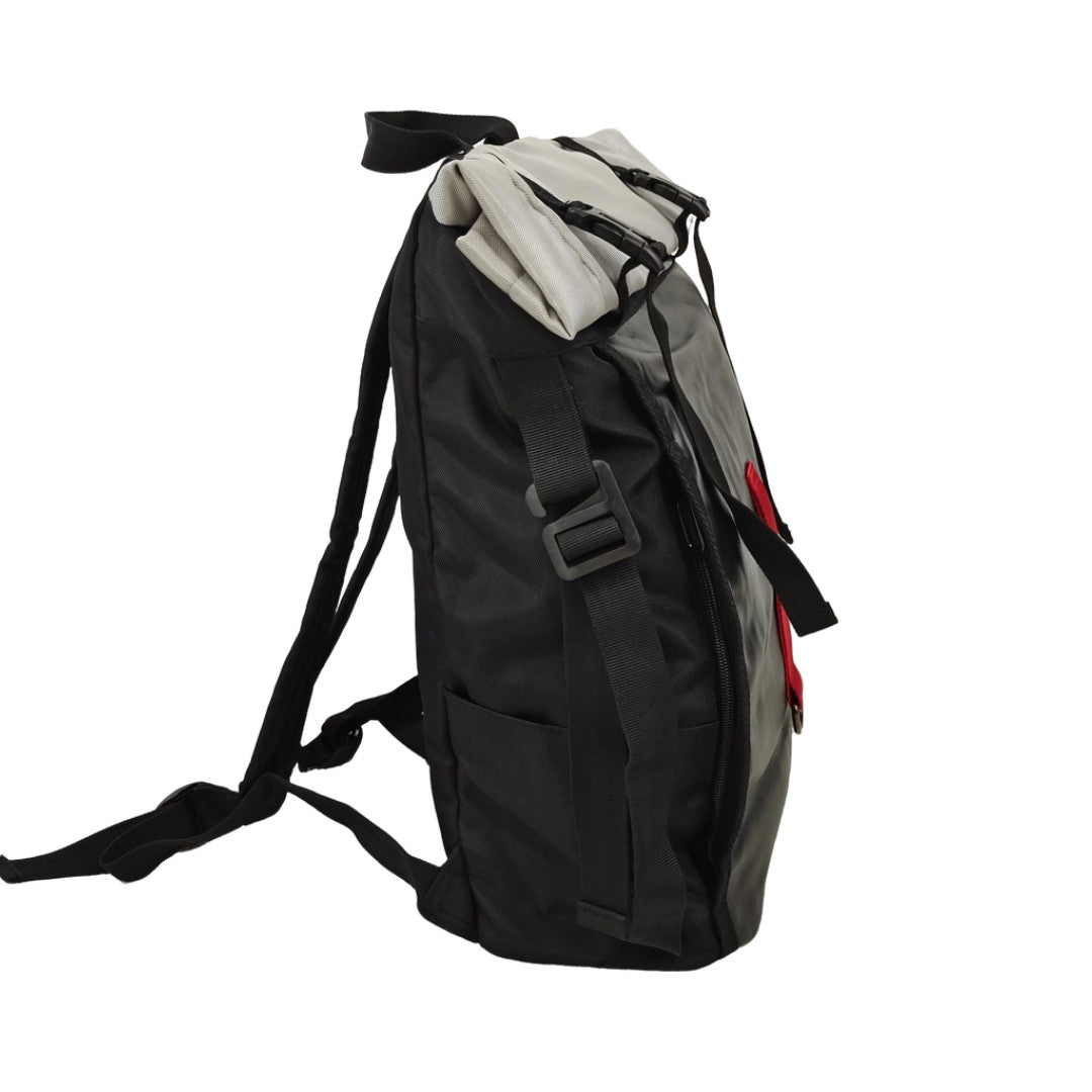 Black and grey travel backpack with buckle closure