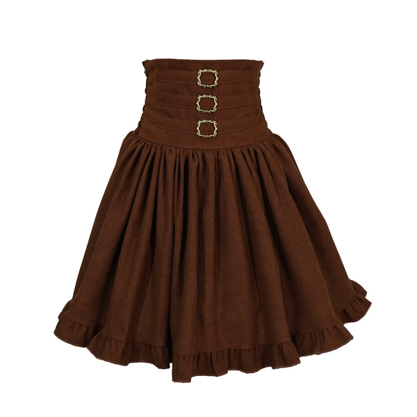 women's brown lolita vintage high waist antique buckle ruffle hem kawaii fashion puff skirt 